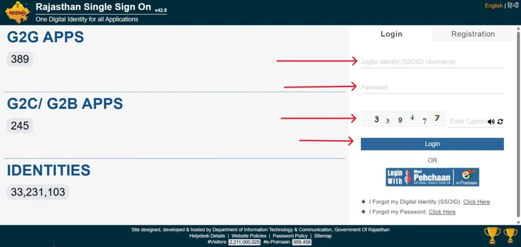 Enter Digital Identity (SSOID/Username), password, 6-digit Captcha code, and click login button 
